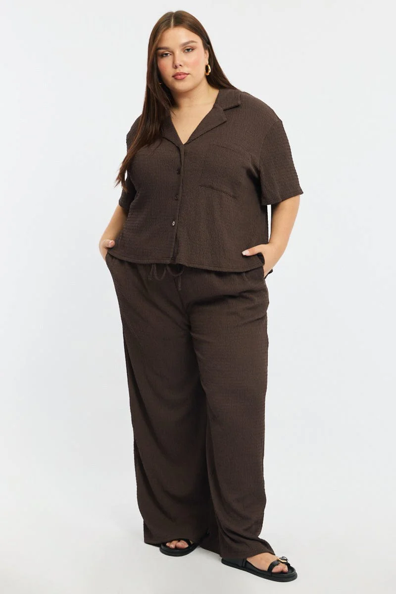 Brown Wide Leg Pants Elastic Waist - Image 3