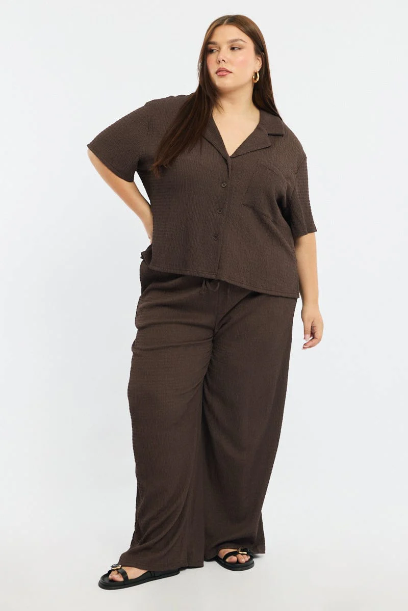 Brown Wide Leg Pants Elastic Waist - Image 4