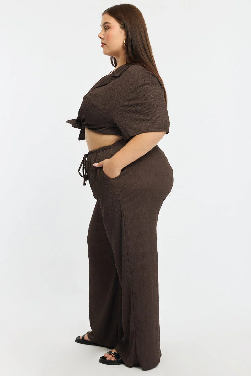 Brown Wide Leg Pants Elastic Waist - Image 5