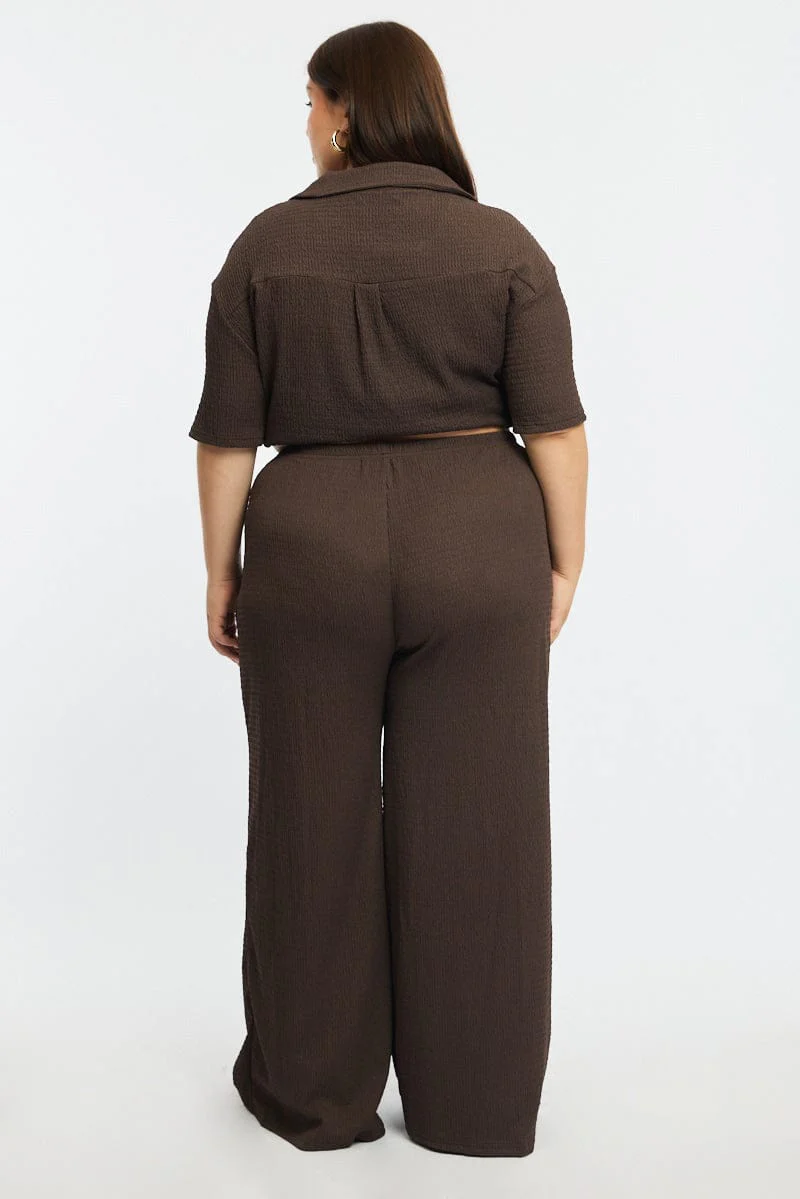 Brown Wide Leg Pants Elastic Waist - Image 6