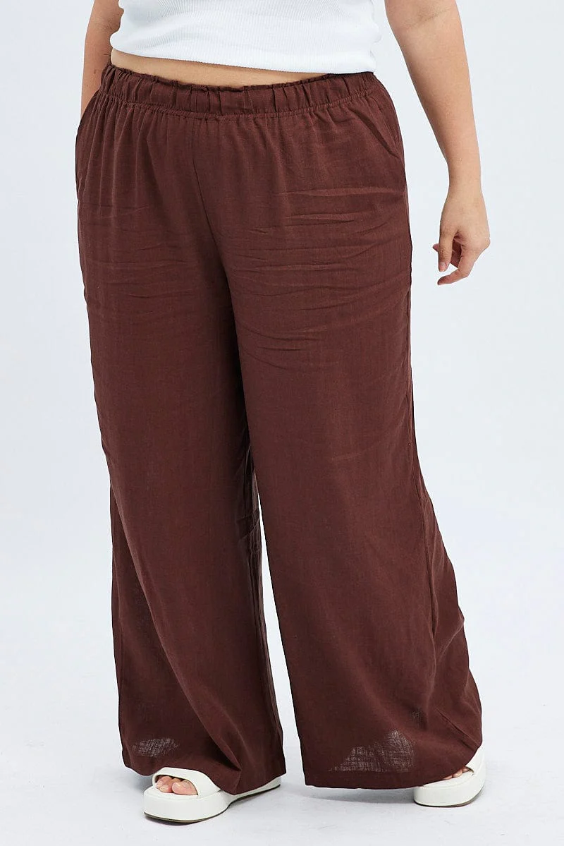 Brown Wide Leg Pants Elastic Waist - Image 2