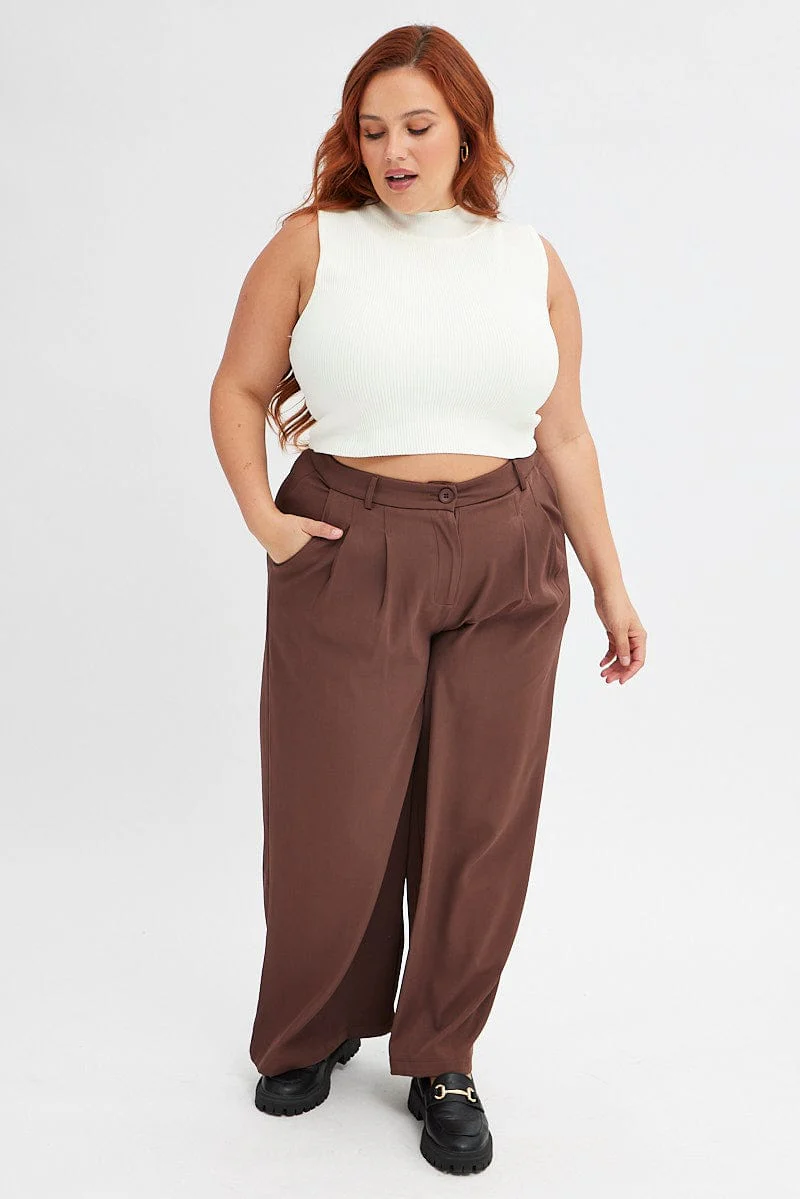 Brown Wide Leg Pants High Rise