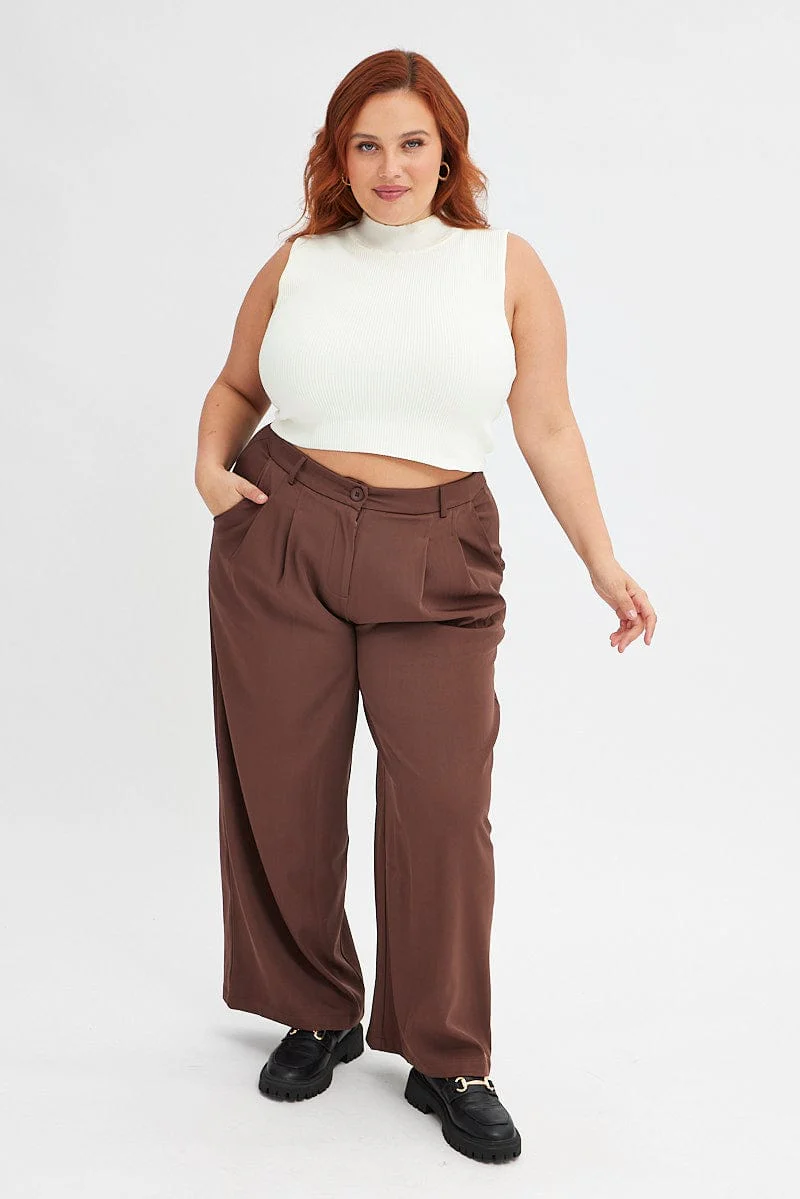 Brown Wide Leg Pants High Rise - Image 3