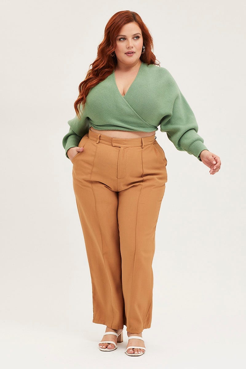Brown Wide Leg Pants High Rise Seam Front - Image 3