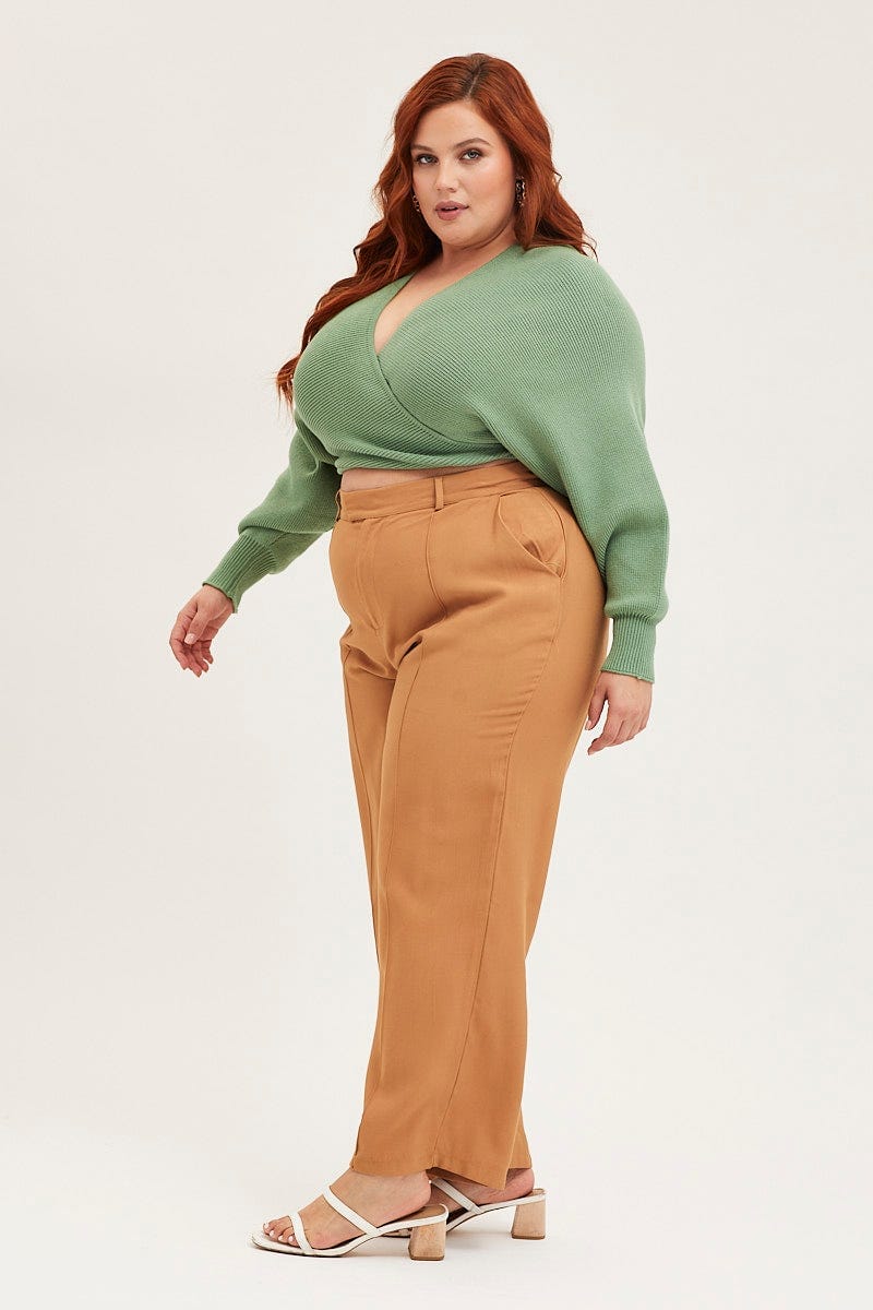 Brown Wide Leg Pants High Rise Seam Front - Image 4