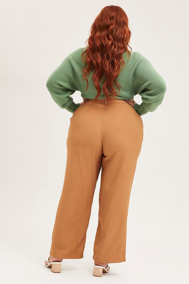 Brown Wide Leg Pants High Rise Seam Front - Image 5