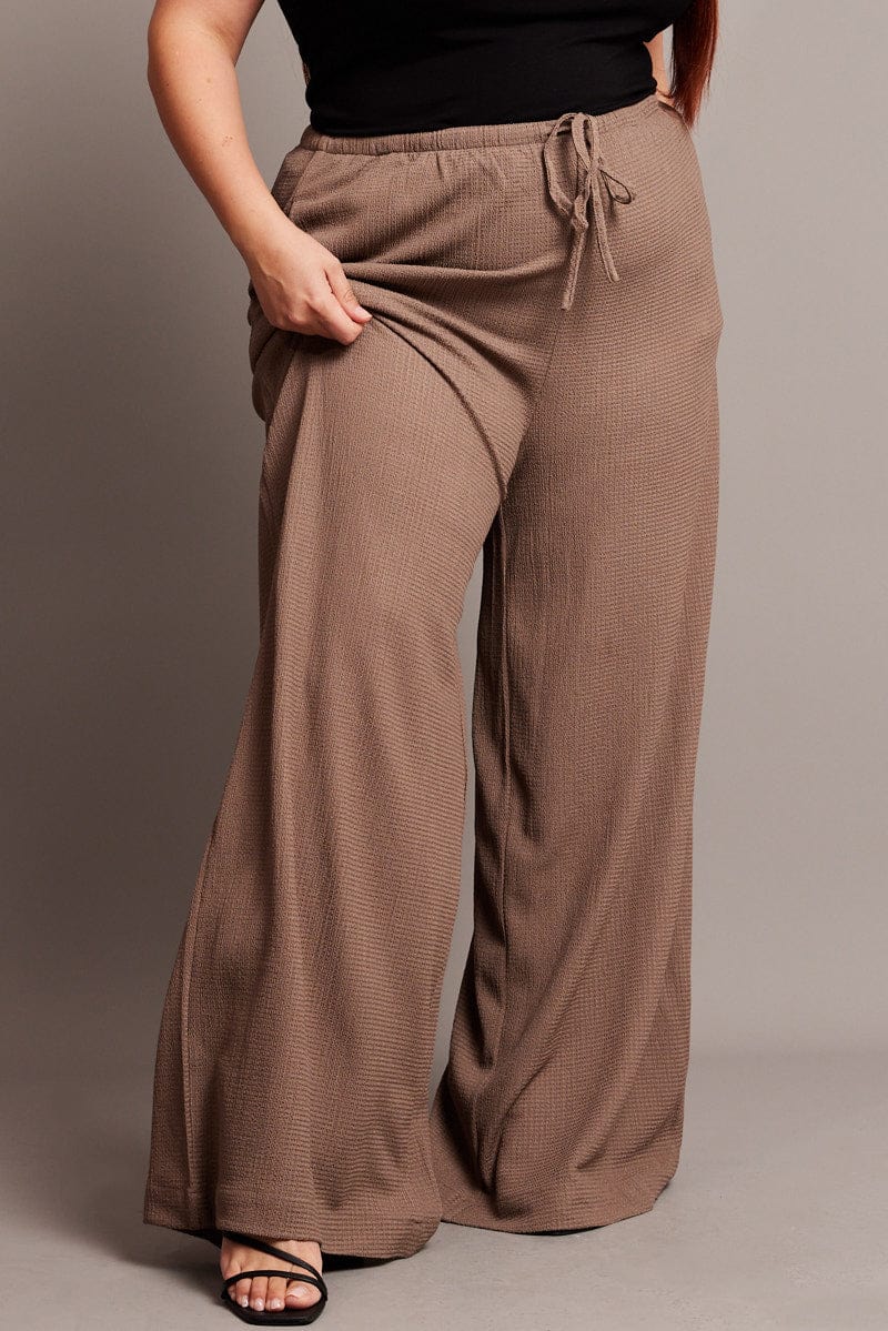 Brown Wide Leg Pants High Rise Textured Fabric - Image 2