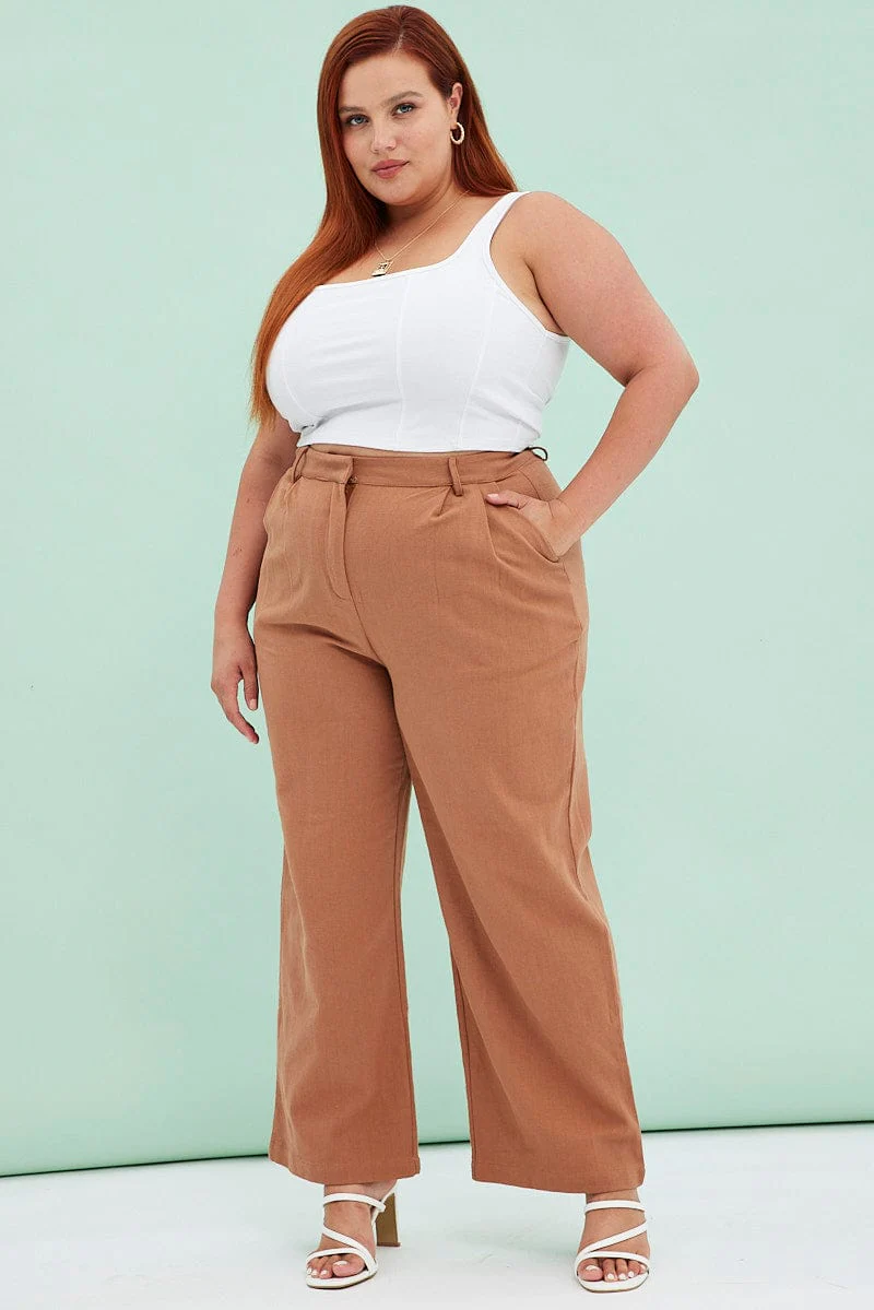 Brown Wide Leg Pants Linen Blend - Image 3