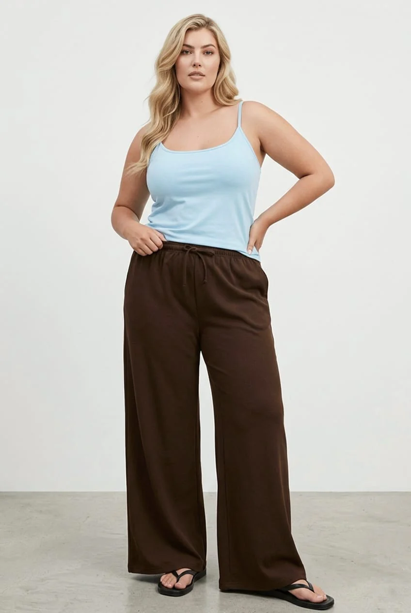 Brown Wide Leg Pants Relaxed Fit Stretch