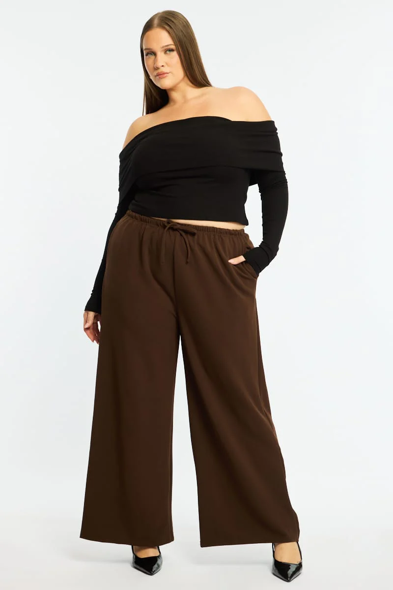 Brown Wide Leg Pants Relaxed Fit Stretch - Image 2