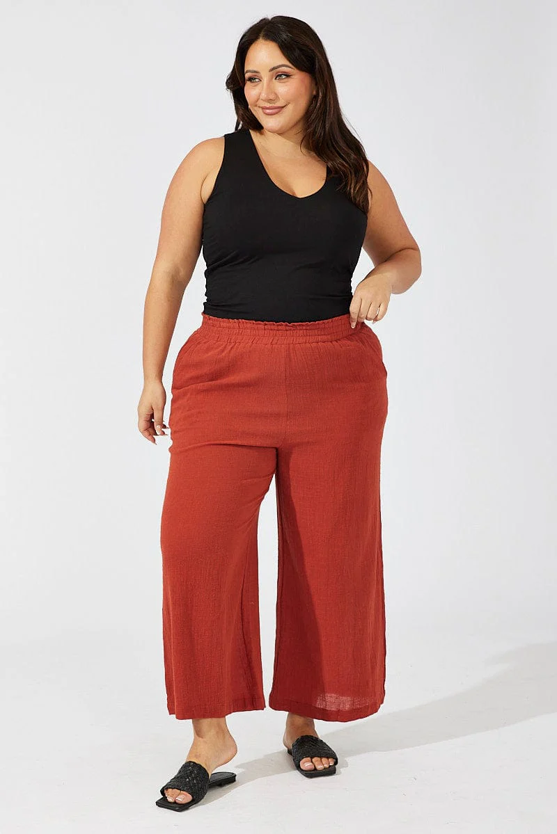 Brown Wideleg Pants Cotton Elastic Waist Textured - Image 3