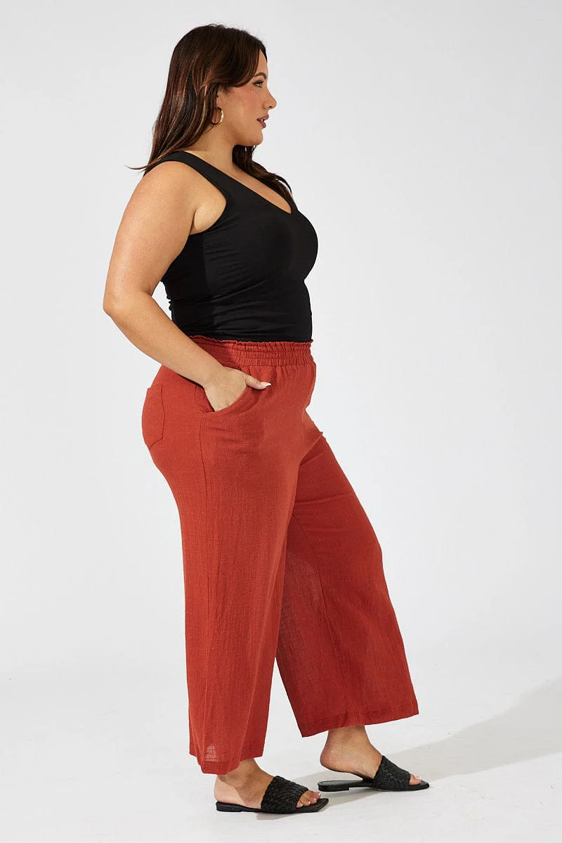 Brown Wideleg Pants Cotton Elastic Waist Textured - Image 4