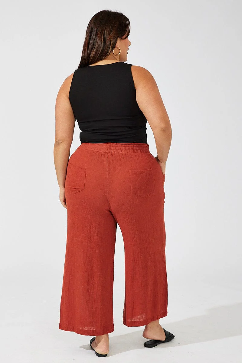 Brown Wideleg Pants Cotton Elastic Waist Textured - Image 5