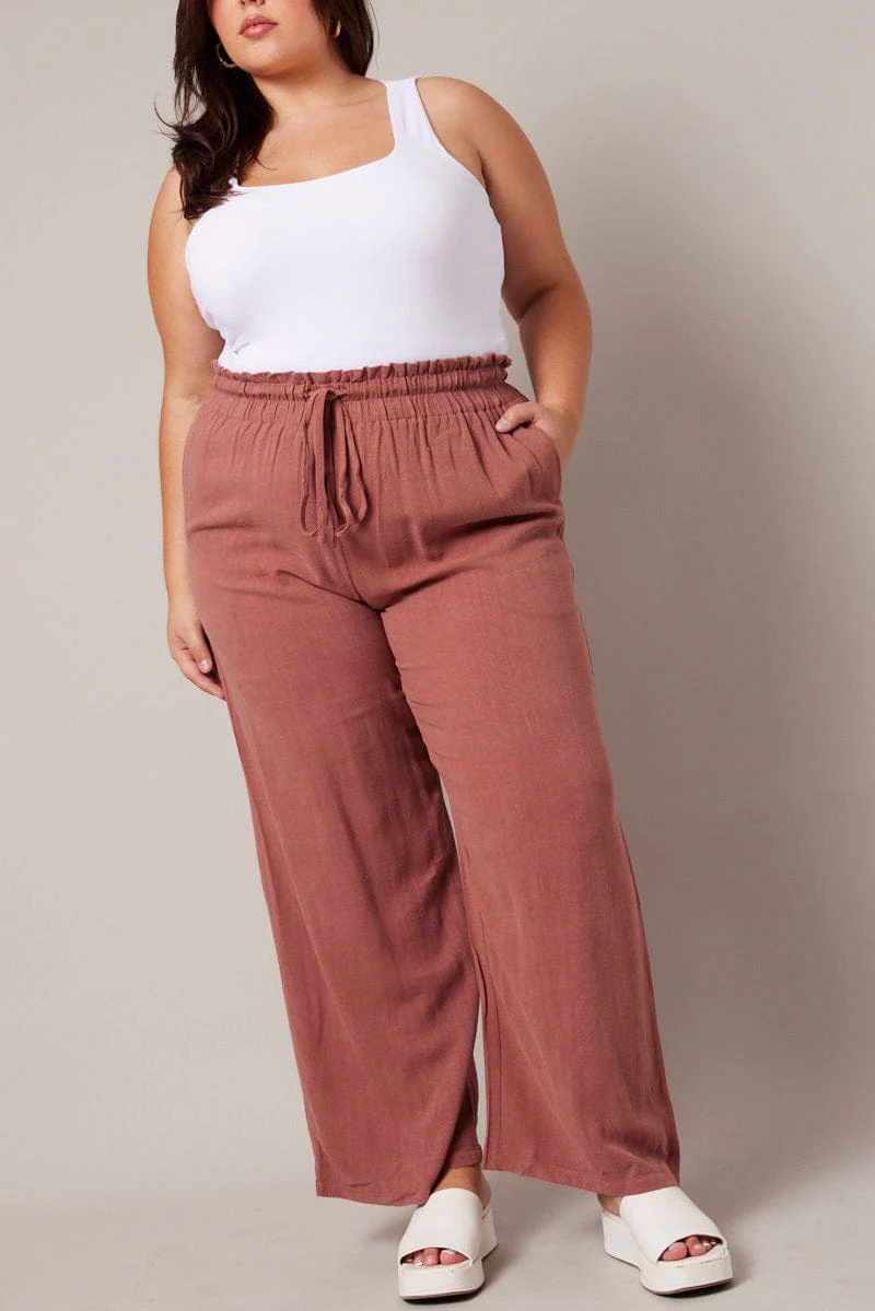 Brown Wideleg Pants Paperbag Elastic Waist Linen Blend - Image 2