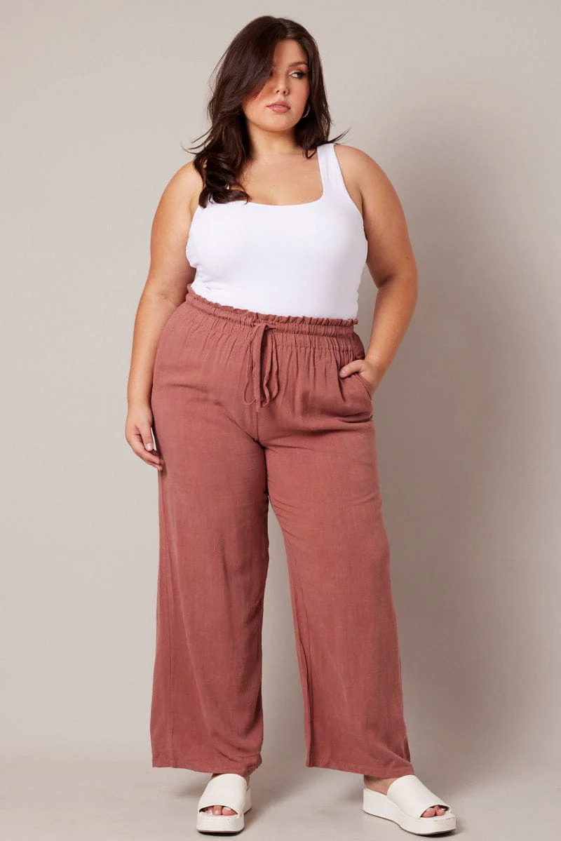 Brown Wideleg Pants Paperbag Elastic Waist Linen Blend - Image 3