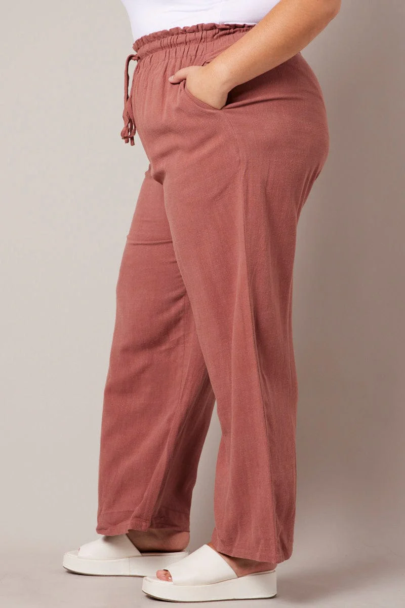 Brown Wideleg Pants Paperbag Elastic Waist Linen Blend - Image 4