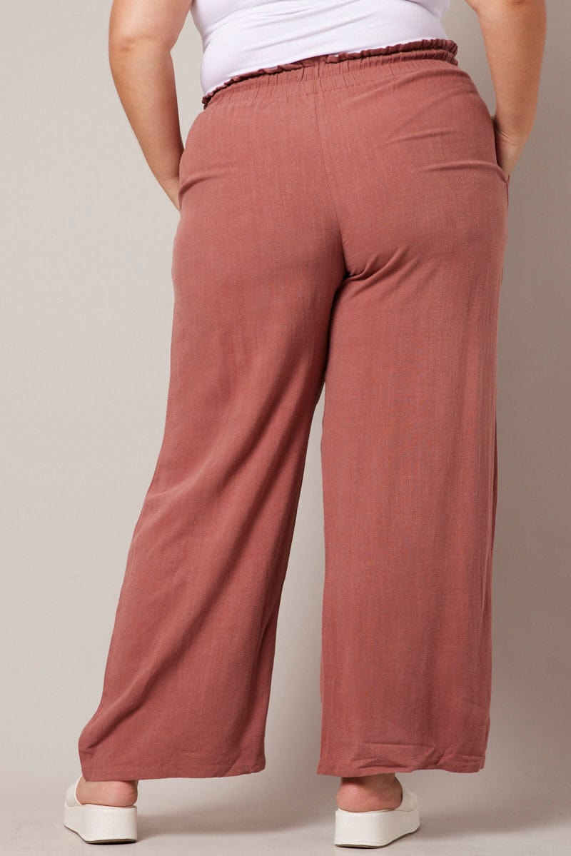 Brown Wideleg Pants Paperbag Elastic Waist Linen Blend - Image 5