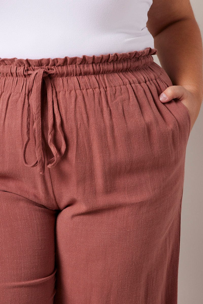 Brown Wideleg Pants Paperbag Elastic Waist Linen Blend - Image 6