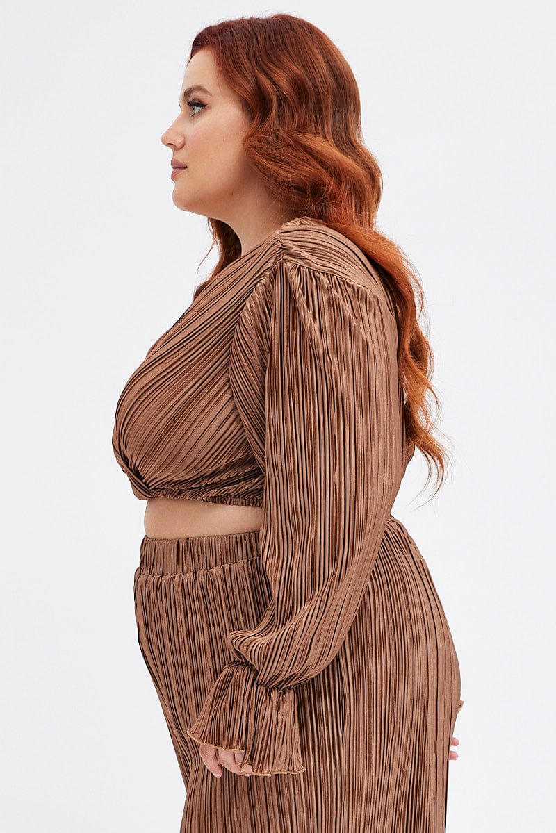 Brown Wrap Top Long Sleeve Crop Plisse - Image 3
