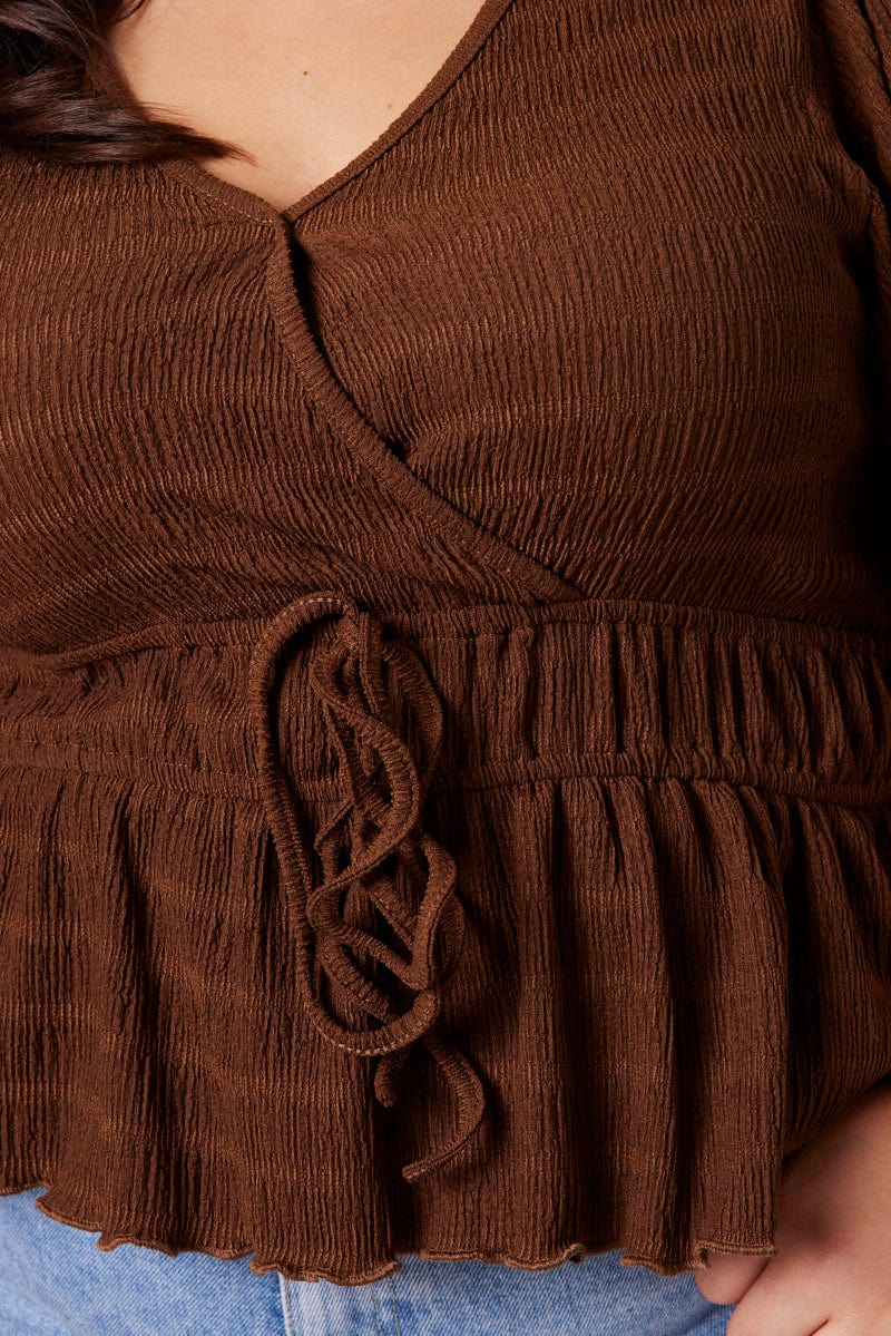 Brown Wrap Top Short Sleeve Textured - Image 6