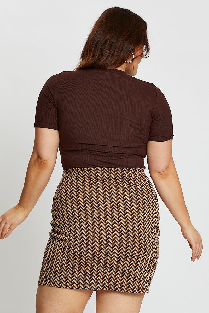 Brown Zig Zag Print Mini Skirt - Image 5