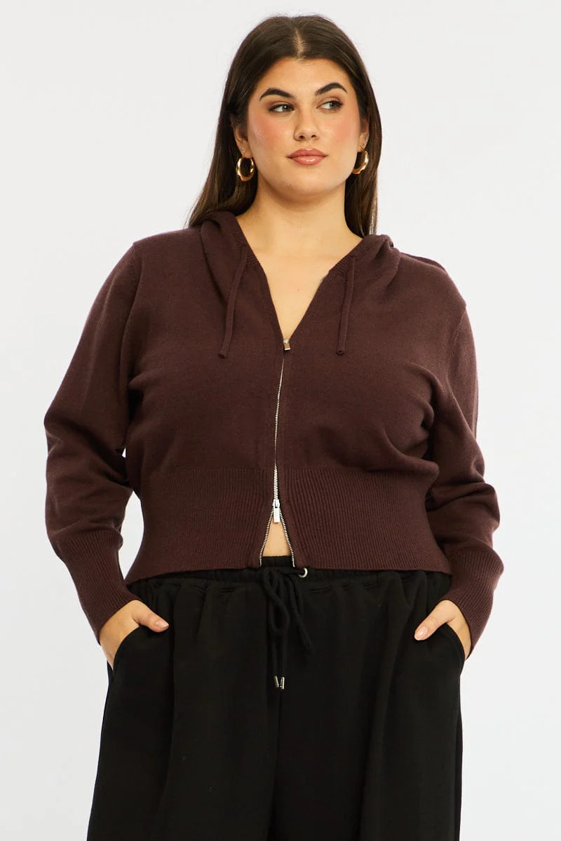 Brown Zip Up Knit Cardigan Long Sleeve