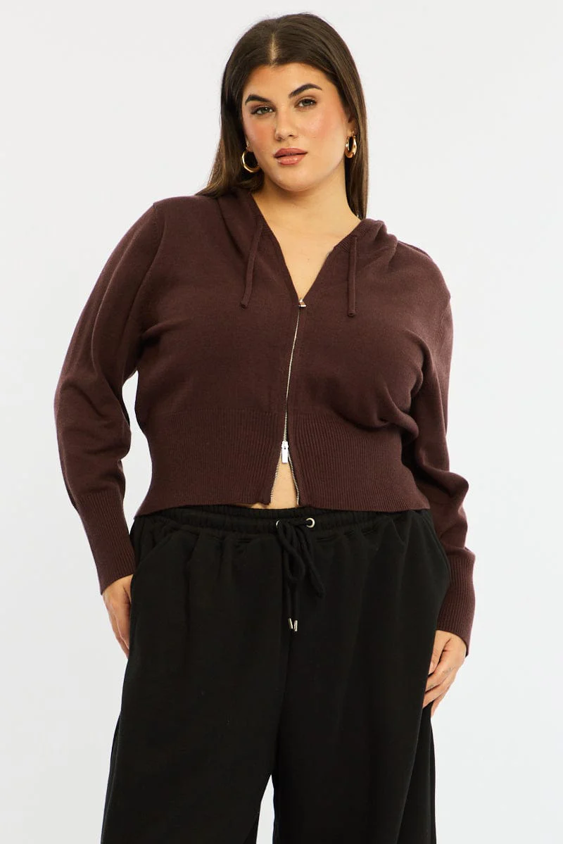 Brown Zip Up Knit Cardigan Long Sleeve - Image 3