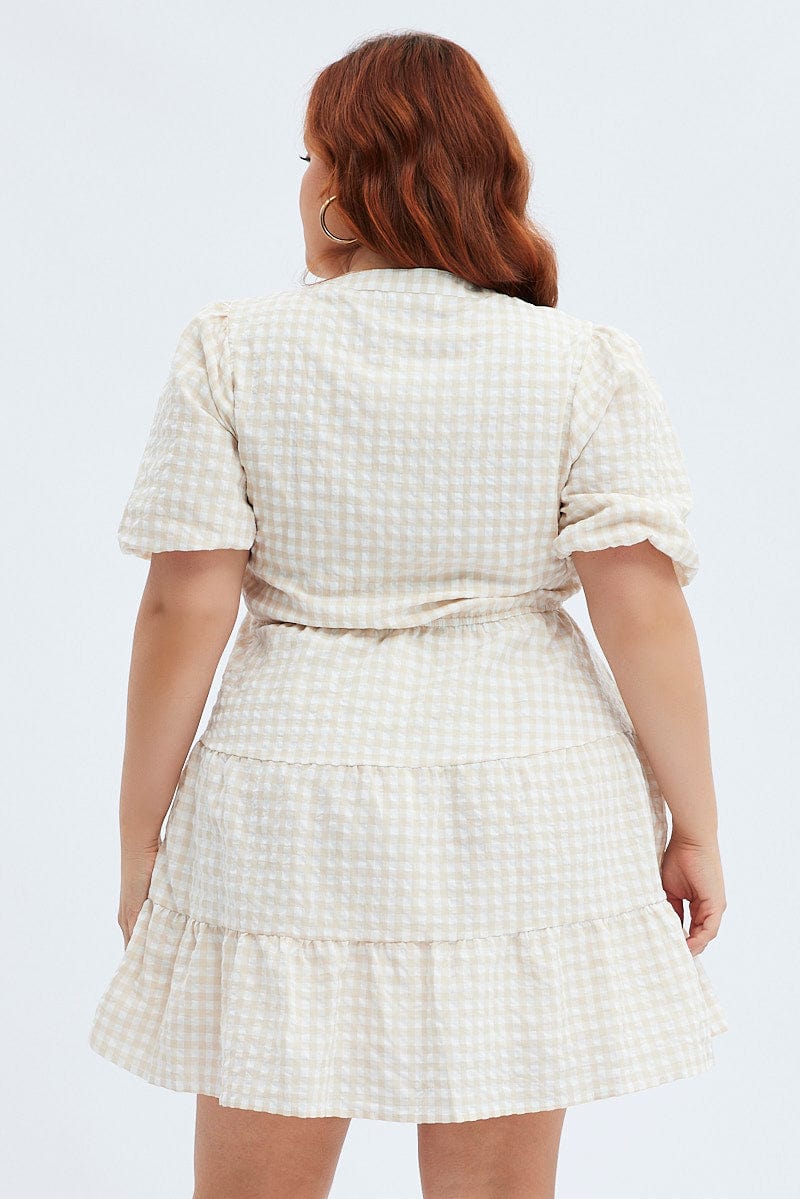 Camel Check Shirt Dress Short Sleeve Tiered - Image 5