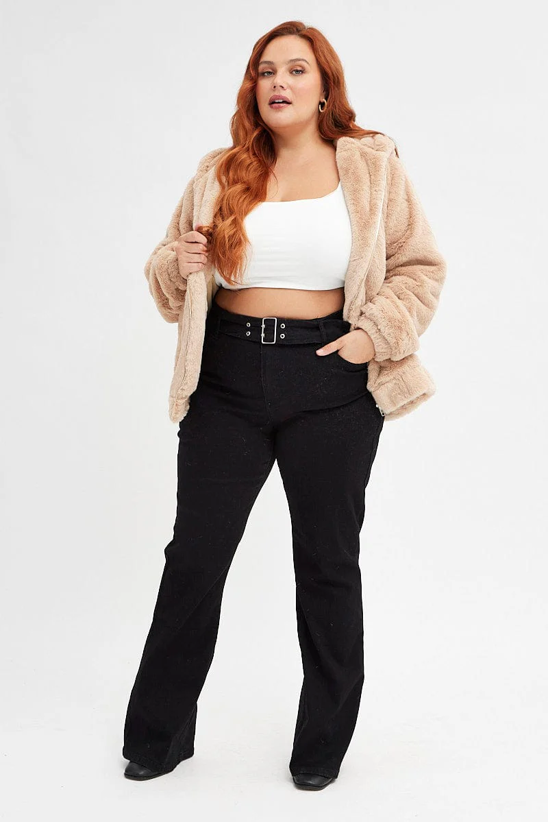 Camel Faux Fur Hoodie Jacket Zip Front - Image 2