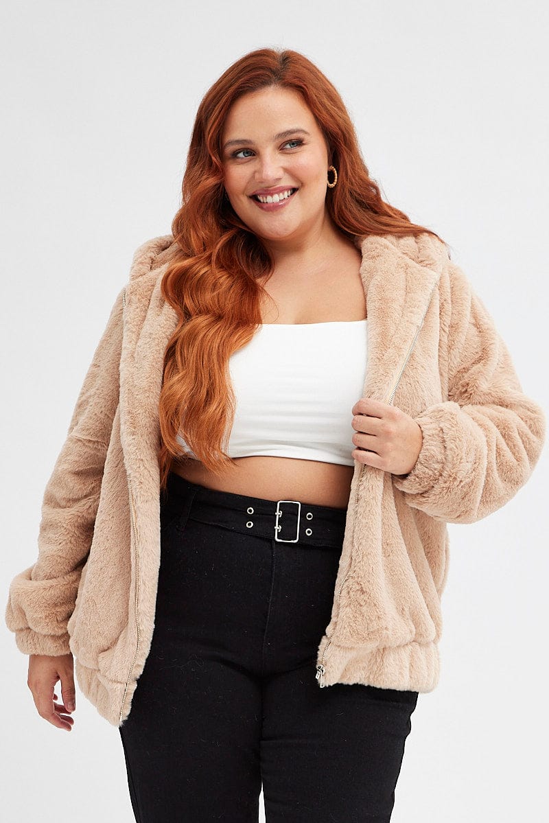 Camel Faux Fur Hoodie Jacket Zip Front - Image 3