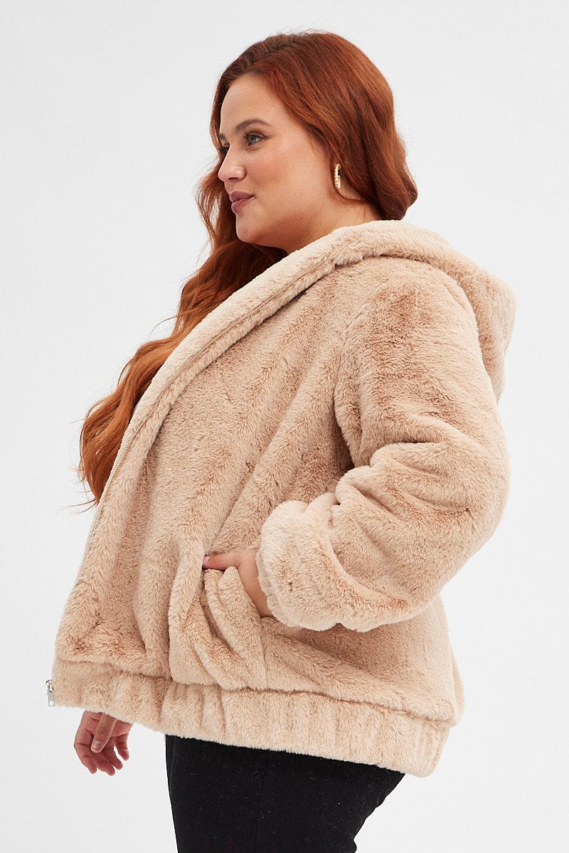 Camel Faux Fur Hoodie Jacket Zip Front - Image 4