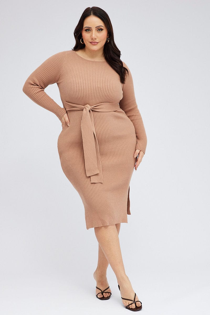 Camel Knit Dress Long Sleeve Midi Round Neck Tie Front - Image 2