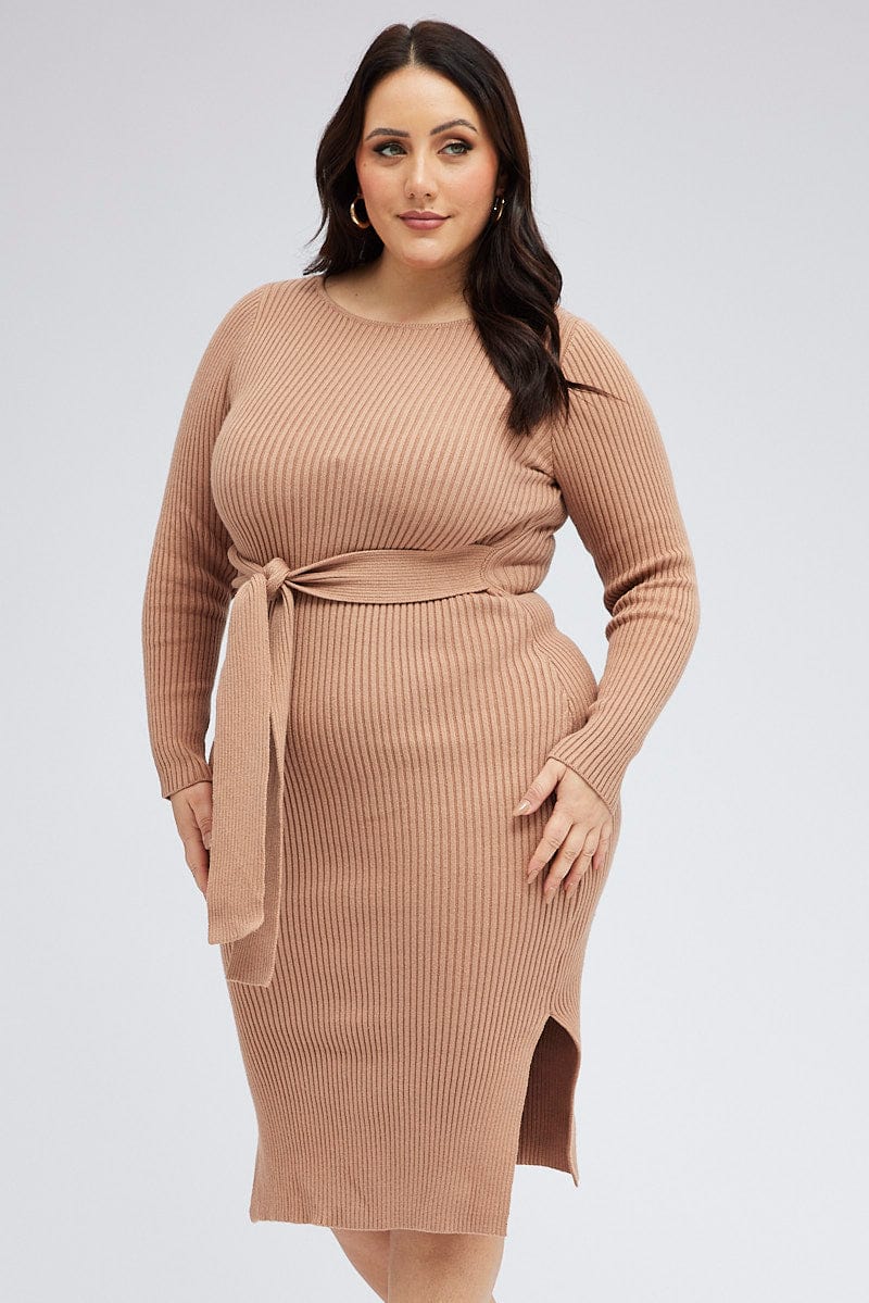 Camel Knit Dress Long Sleeve Midi Round Neck Tie Front - Image 3