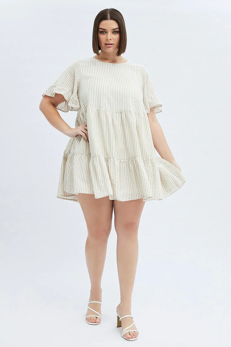 Camel Stripe Smock Dress Short Sleeve Tiered - Image 2