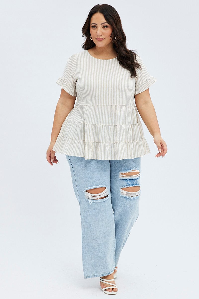 Camel Stripe Smock Top Short Sleeve Tiered - Image 2