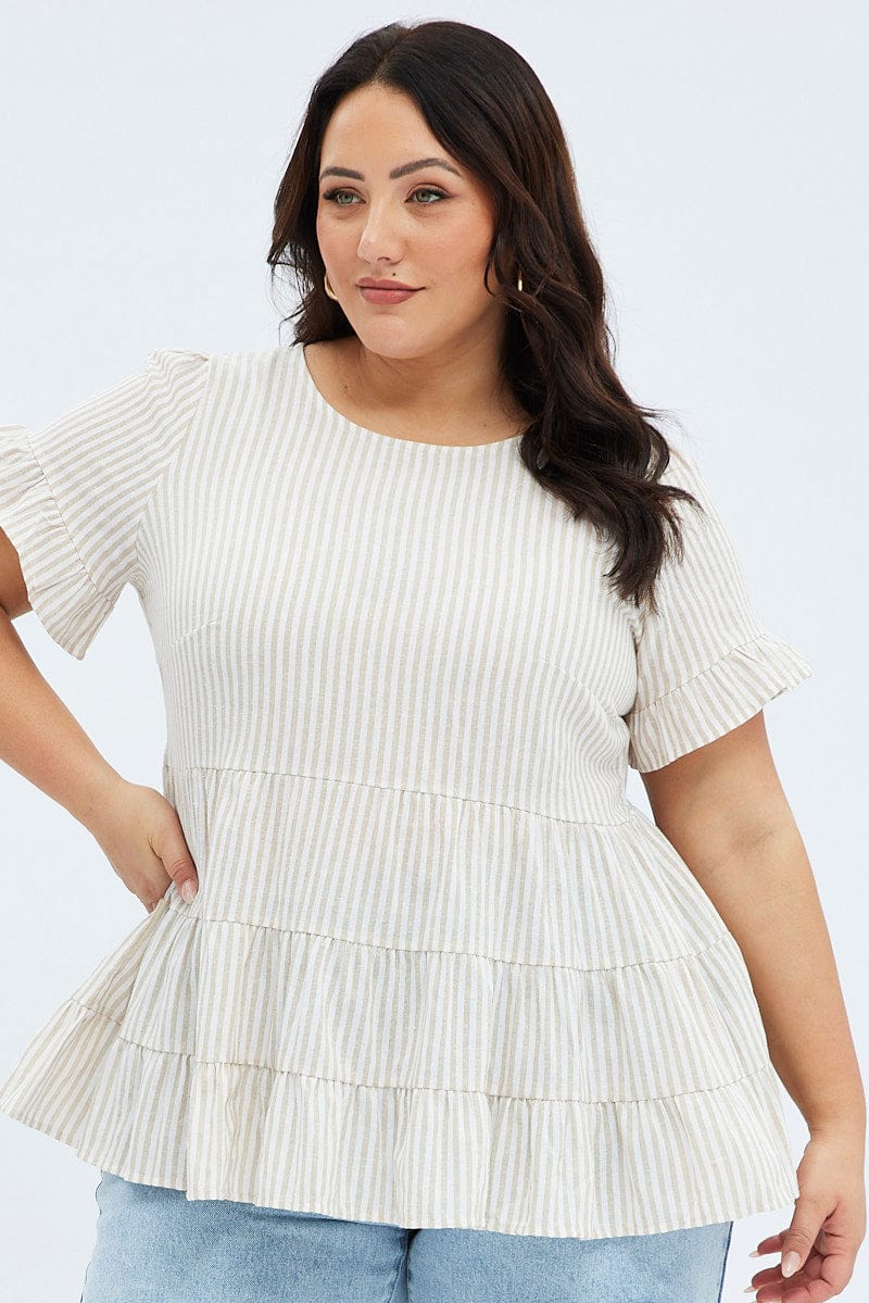 Camel Stripe Smock Top Short Sleeve Tiered - Image 3