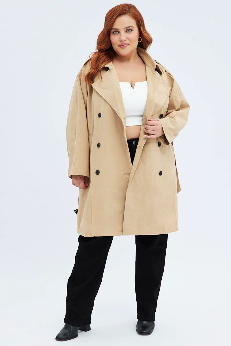 Camel Trench Coat Lined With Belt Mid Length - Image 2