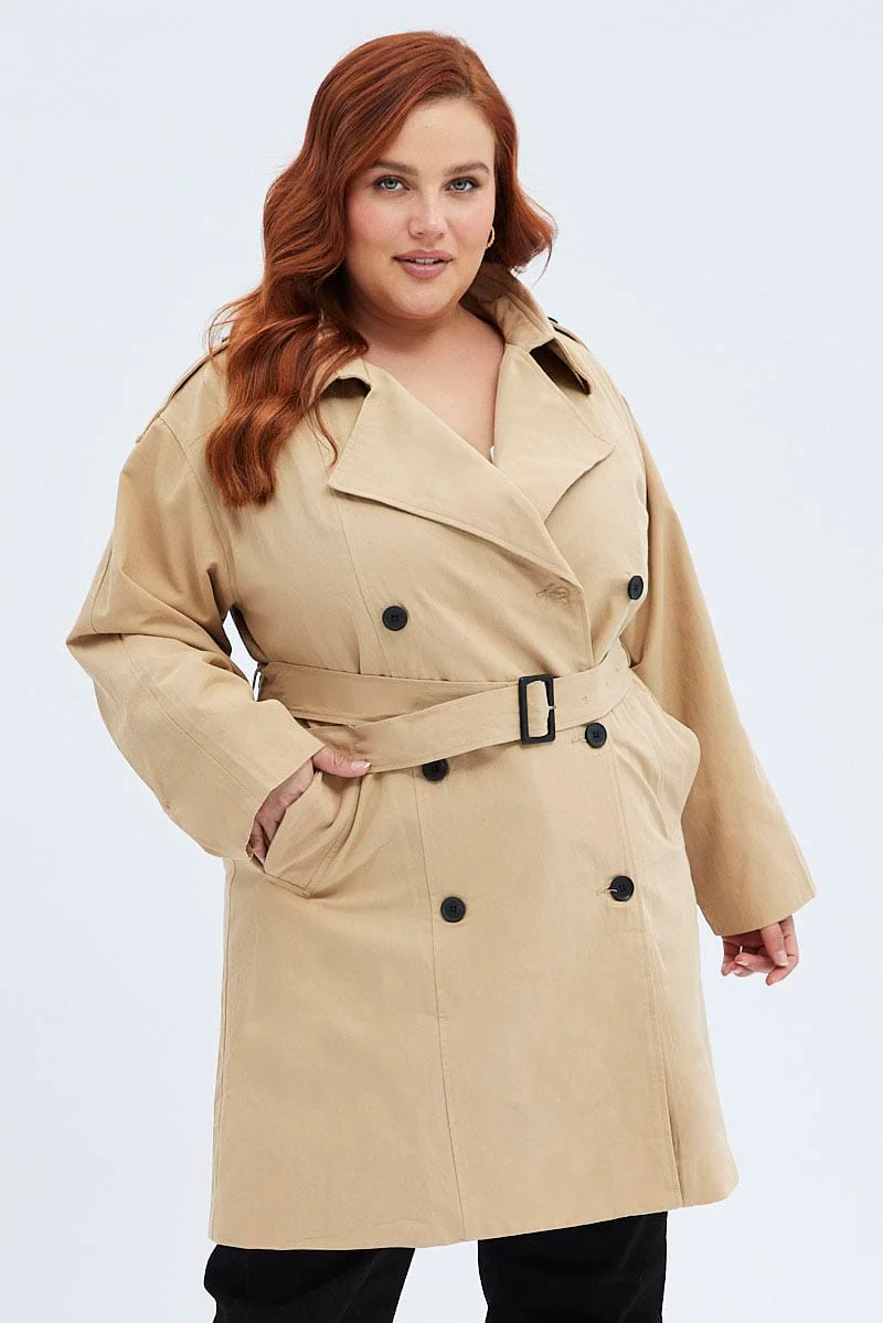 Camel Trench Coat Lined With Belt Mid Length - Image 3