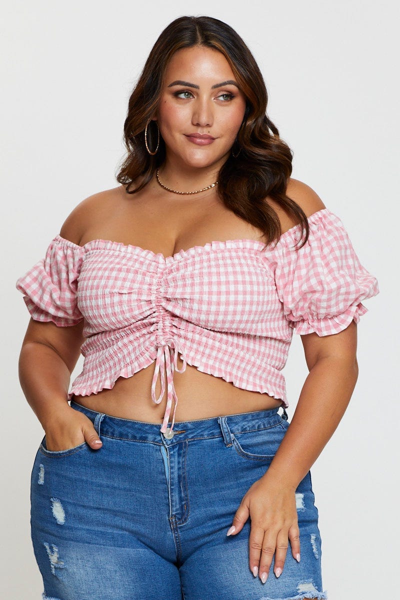 Check Crop Top Short Sleeve Ruched Front - Image 3