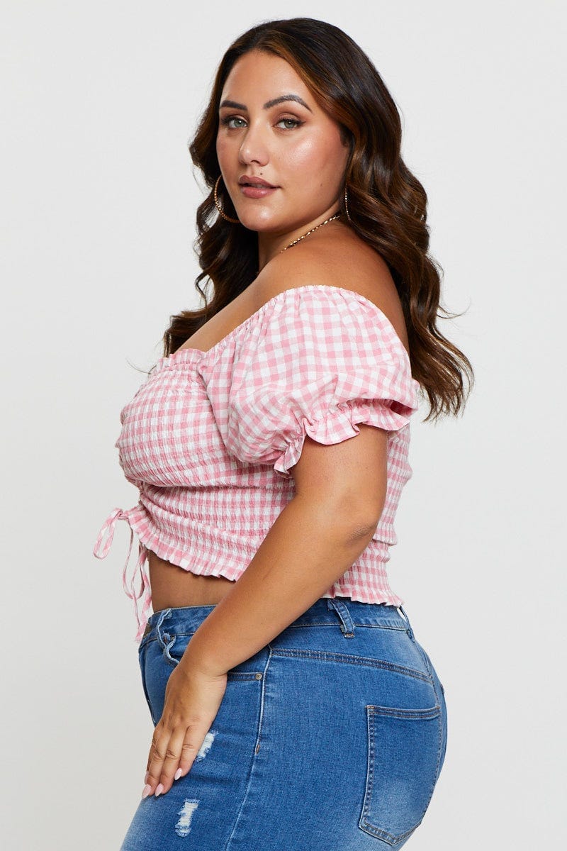 Check Crop Top Short Sleeve Ruched Front - Image 4