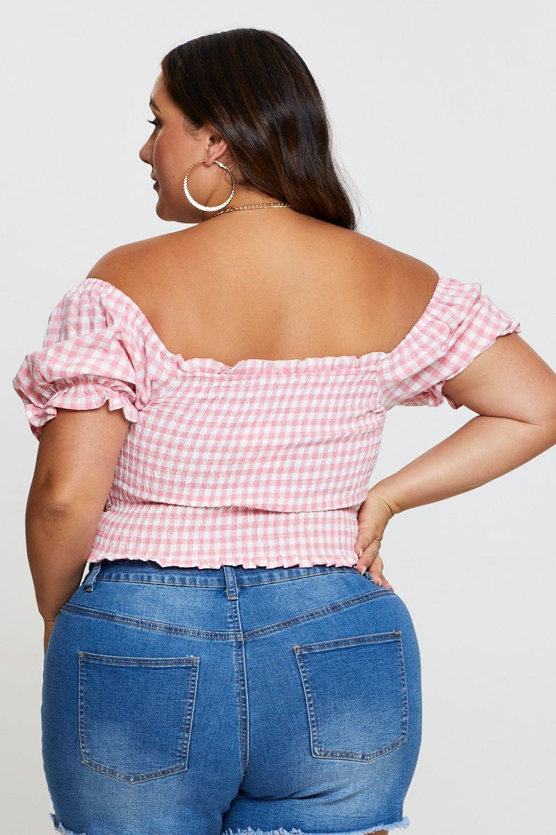 Check Crop Top Short Sleeve Ruched Front - Image 5