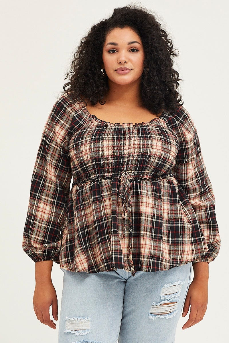 Check Peplum Top Long Sleeve Drawstring - Image 3