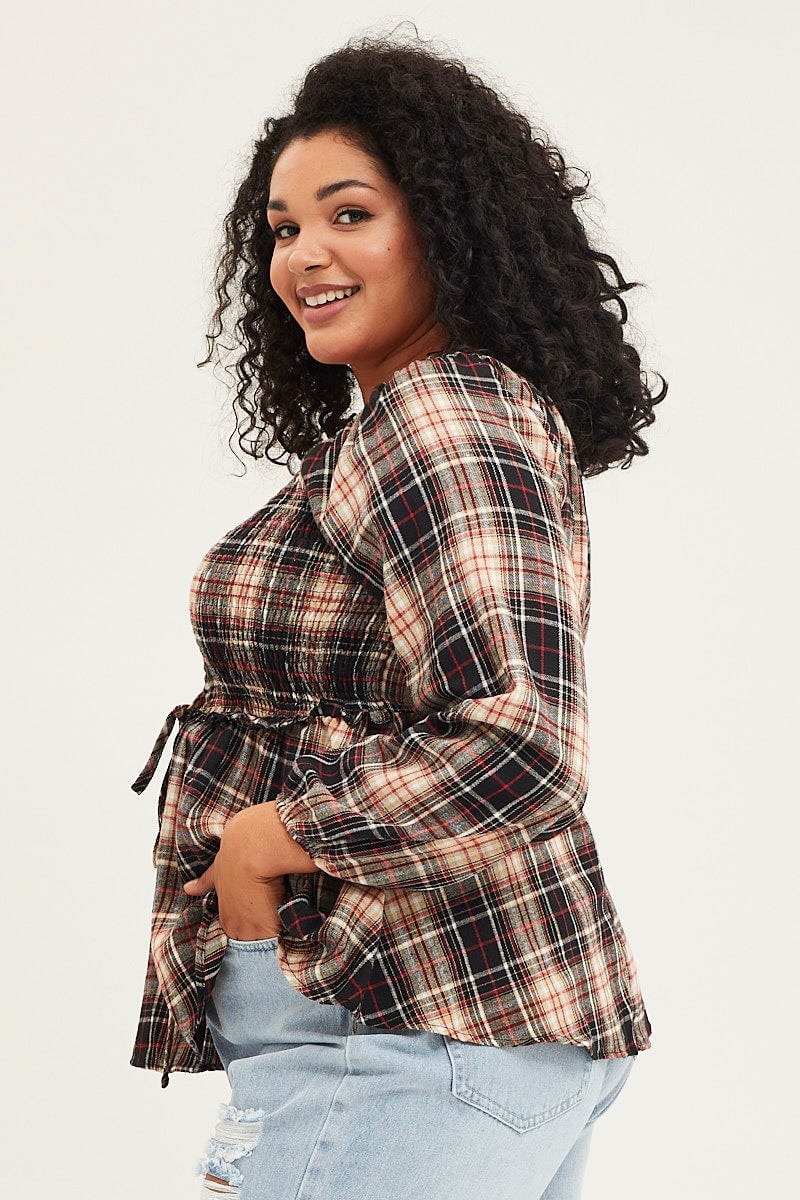 Check Peplum Top Long Sleeve Drawstring - Image 4