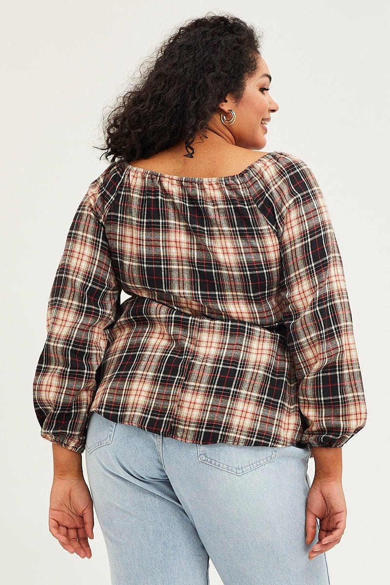 Check Peplum Top Long Sleeve Drawstring - Image 5