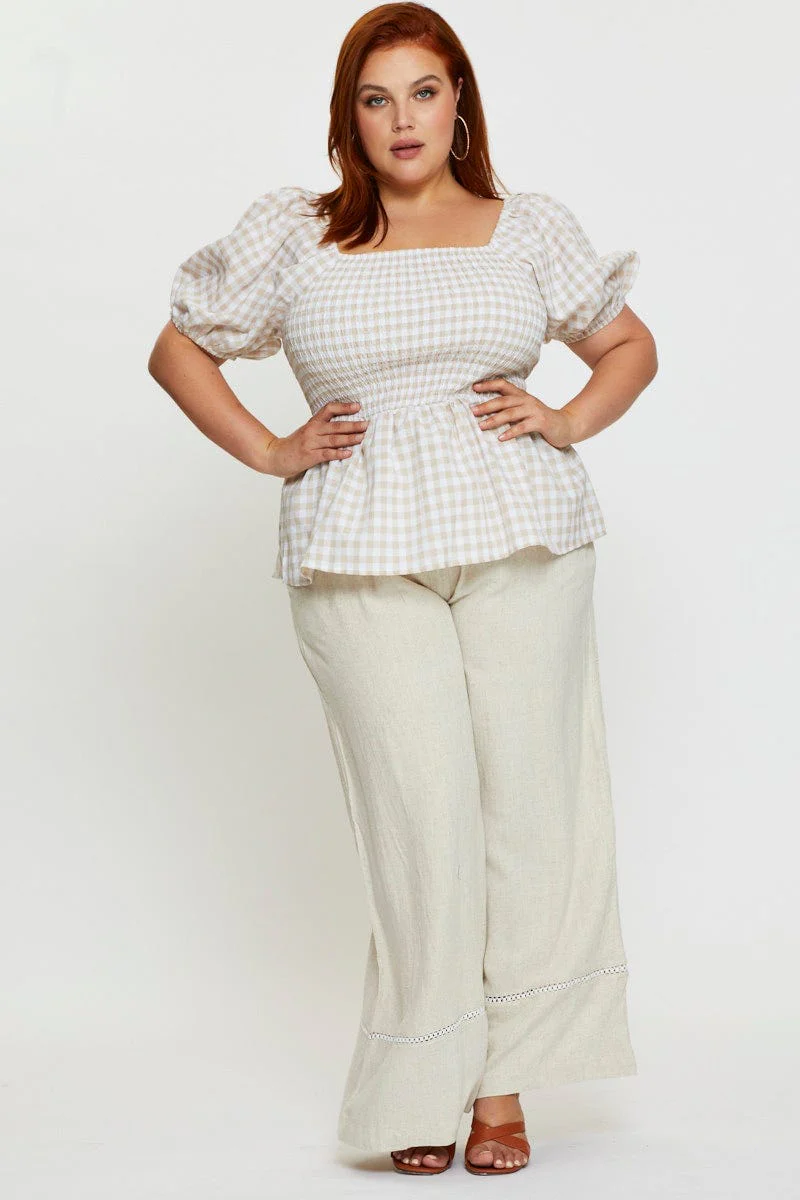 Check Peplum Top Square Neck Short Sleeve Shirred - Image 2