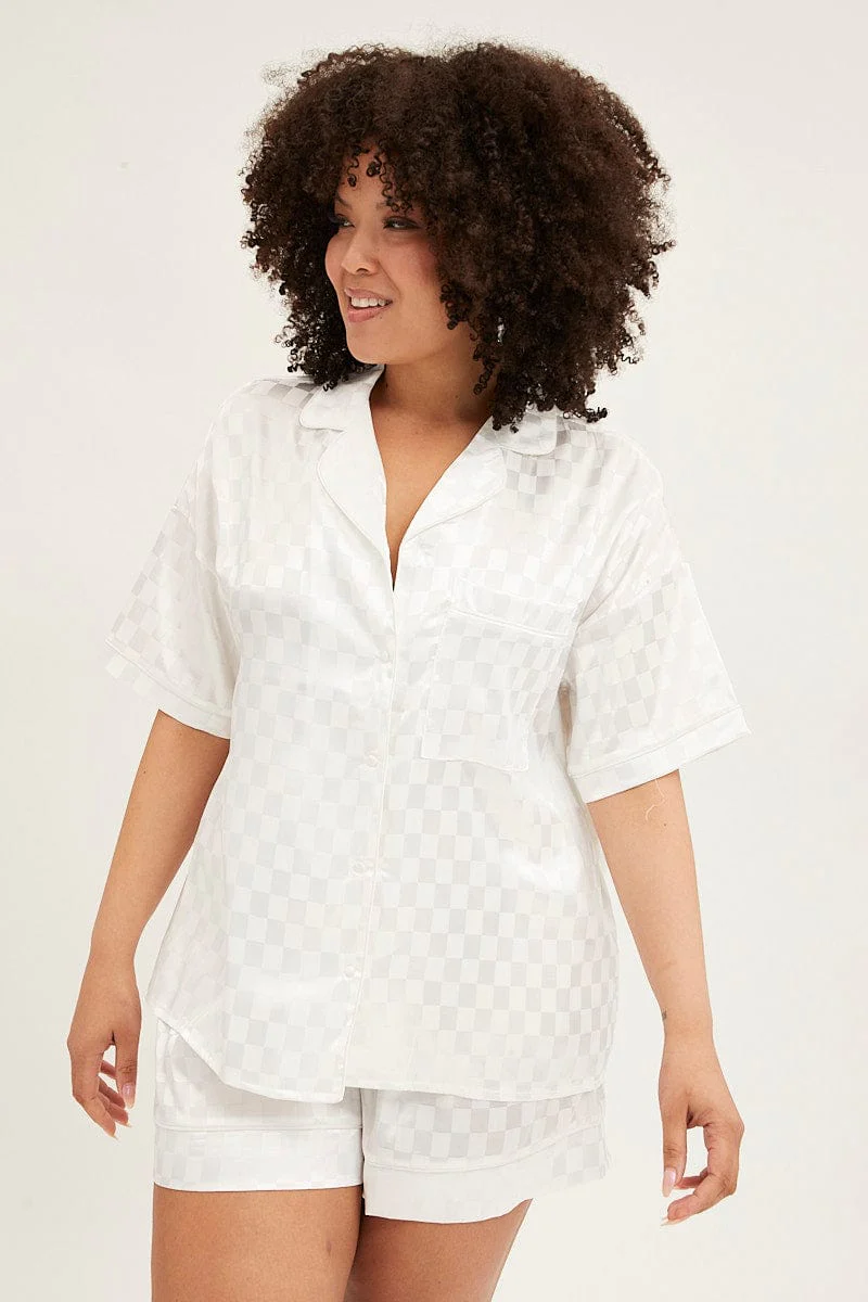 Check Pyjamas Set Short Sleeve Collared Shorts Satin - Image 3