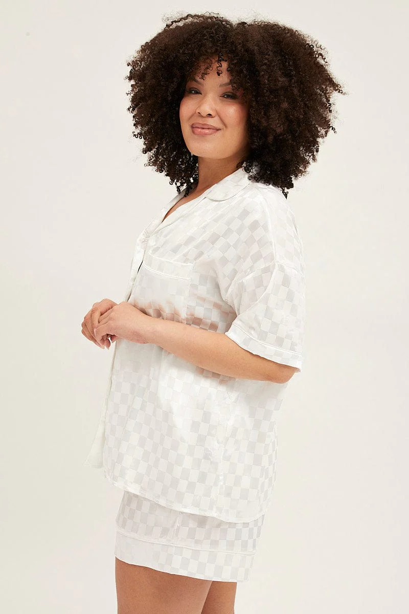 Check Pyjamas Set Short Sleeve Collared Shorts Satin - Image 4