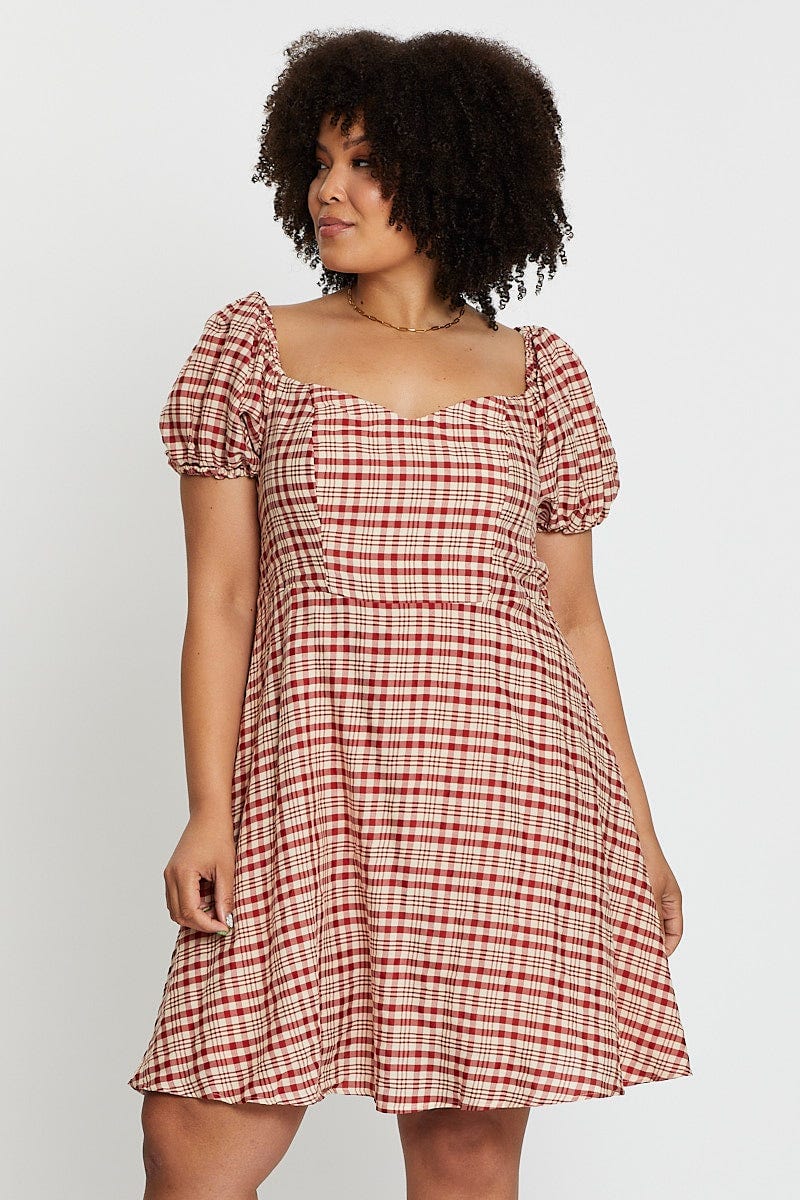 Check Short Bubble Sleeve Skater Dress - Image 3