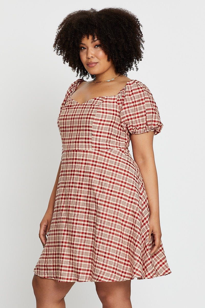 Check Short Bubble Sleeve Skater Dress - Image 4