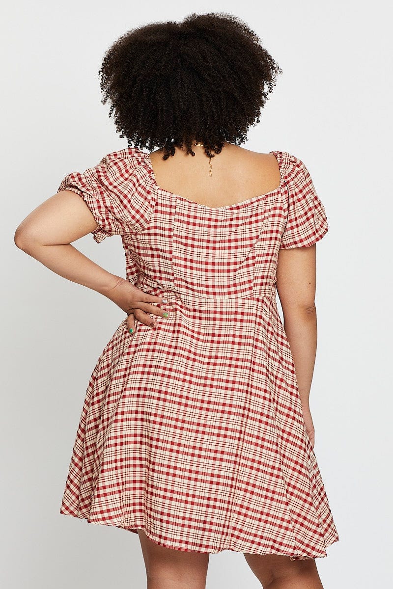 Check Short Bubble Sleeve Skater Dress - Image 5